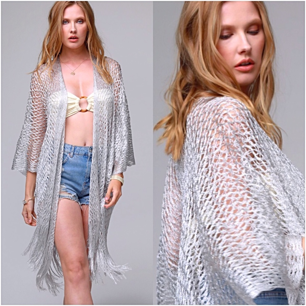 Silver Sparkly Kimono Wrap Coverup Armholes O/S - Picture 5 of 7